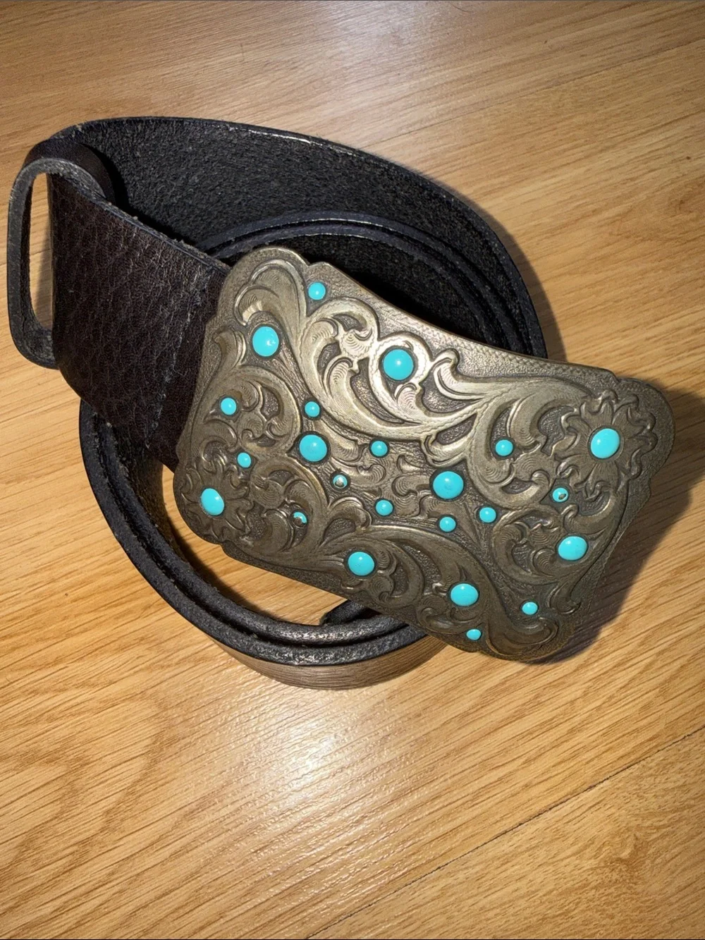 Vintage Fossil Leather Brown Belt Turquoise Buckle Western Size Small